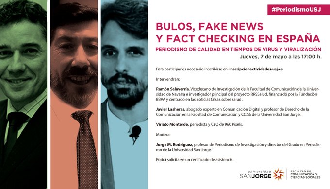 Cartel informativo sobre el webinar "Bulos, fake news y fact checking en España"